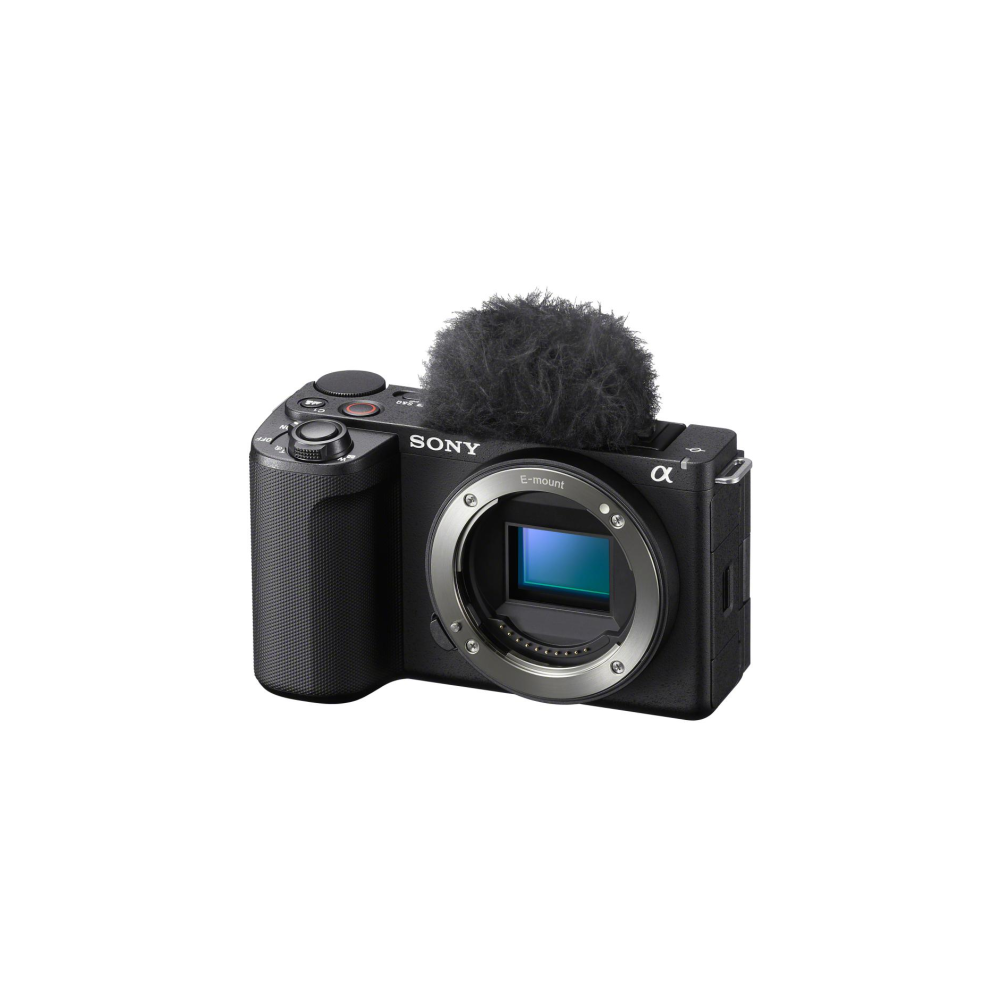 Zwarte Sony camera met E-mount, een pluizige microfoon erop, op wit.