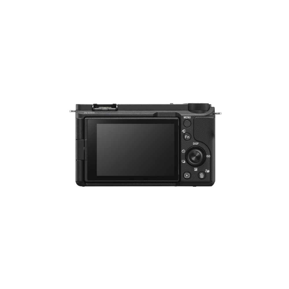 Achterkant van een zwarte Sony digitale camera met LCD-scherm en bedieningsknoppen.