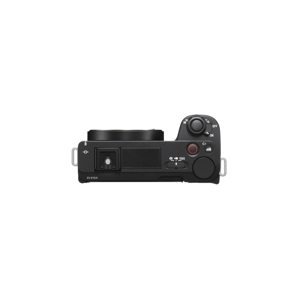Bovenaanzicht van een zwarte Sony ZV-E10 II camera met bedieningselementen.