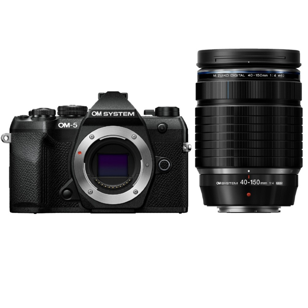 Zwarte OM System OM-5 camera naast een zwart M.Zuiko 40-150mm objectief.