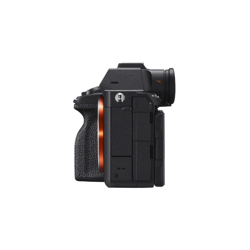 Zwarte camera van opzij, met oranje accent en zoeker.