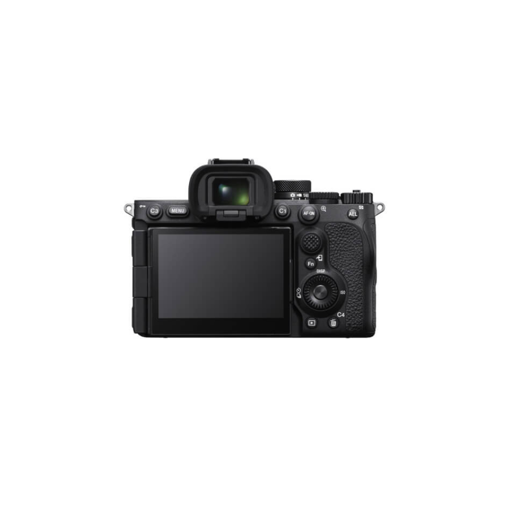 Achterkant van een zwarte digitale camera met LCD-scherm en knoppen.