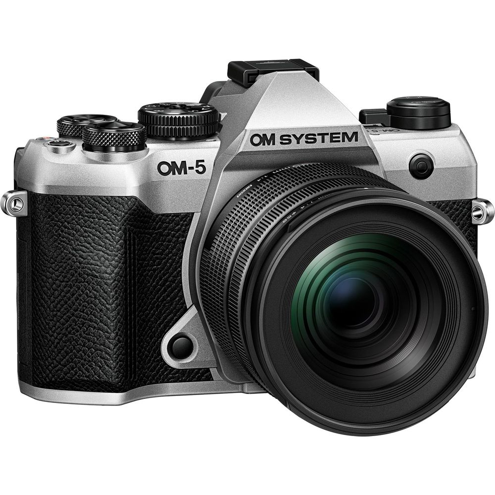 Zilveren OM System OM-5 camera met zwarte grip en lens.