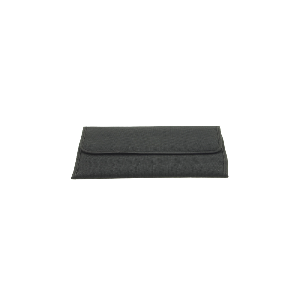 A closed, dark gray fabric pouch with a flap, lying on a white background.