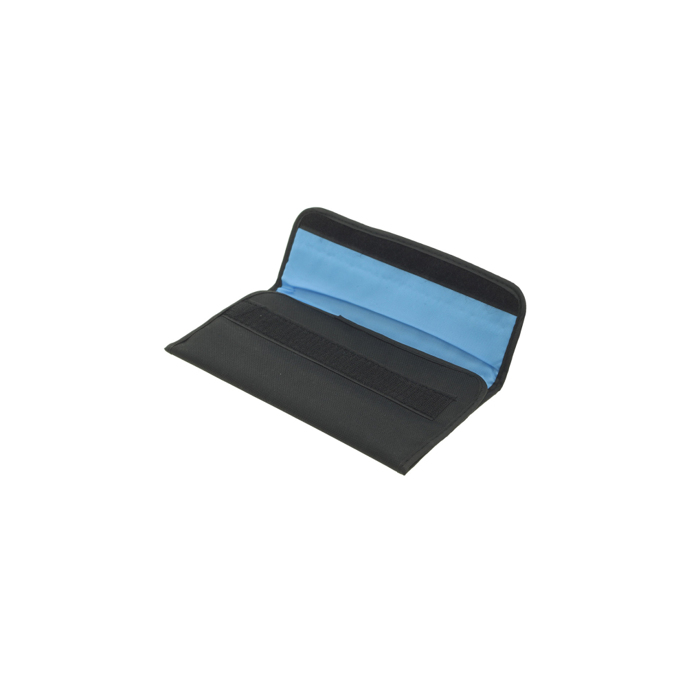 Black fabric pouch with blue interior and velcro closure.