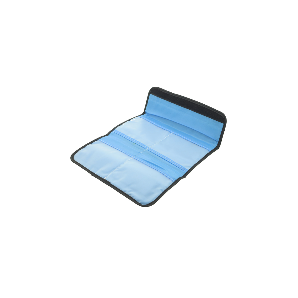 An open blue fabric organizer with black trim and multiple clear pockets.