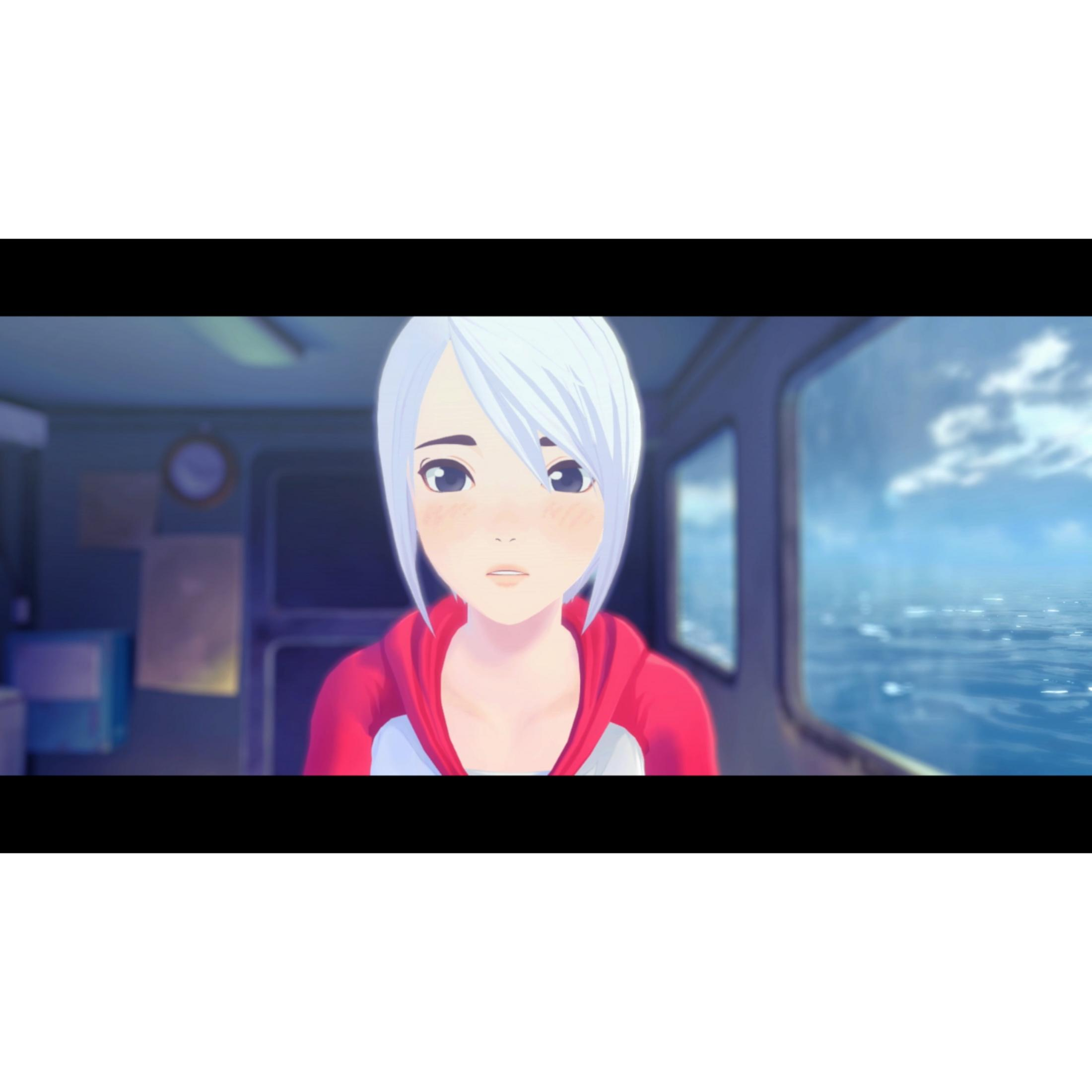 A young woman with white hair in a red hoodie looks concerned out a window at the sea.