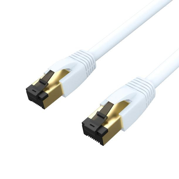 Beyaz arka plan üzerinde altın konektörlü iki beyaz Ethernet kablosu.