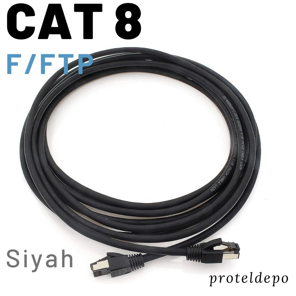 Siyah CAT 8 F/FTP Ethernet patch kablosu RJ45 konektörlü.