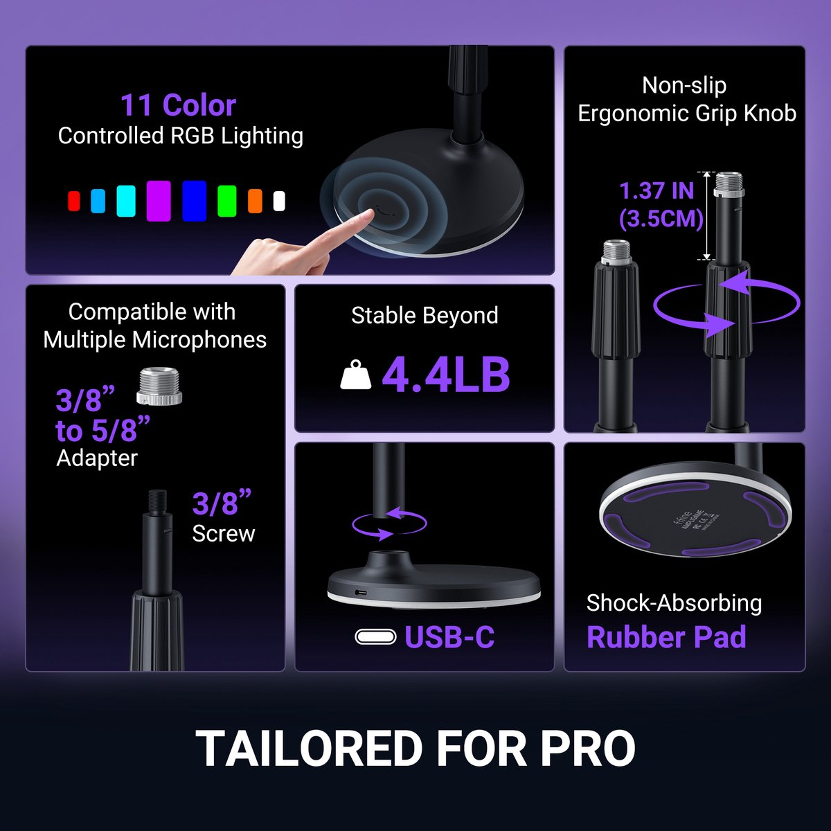 Caractéristiques du pied de micro : Éclairage RVB, adaptateur, stabilité 4,4LB, USB-C, bouton, patin en caoutchouc.