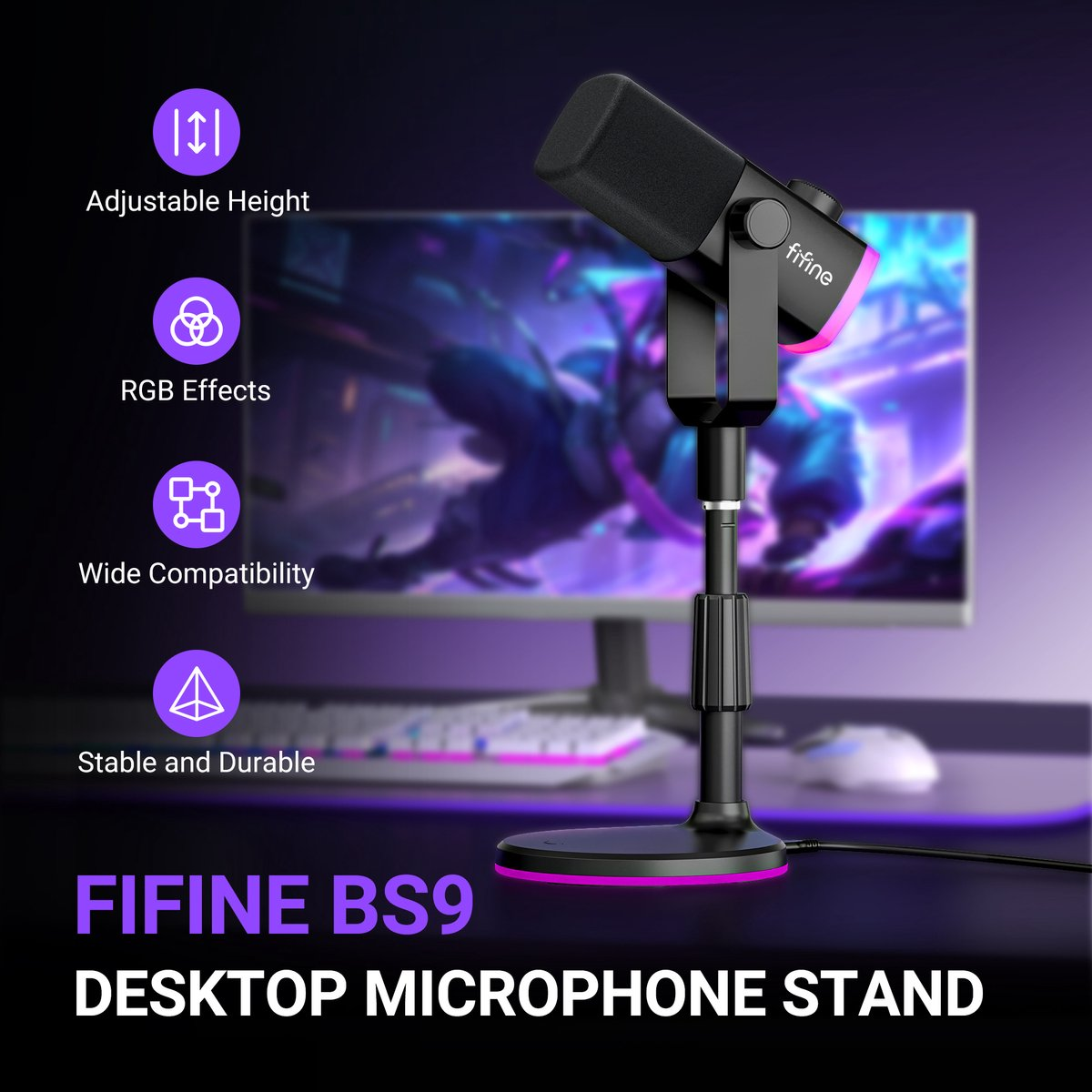 Un support de microphone de bureau noir FIFINE BS9 avec éclairage LED rose.