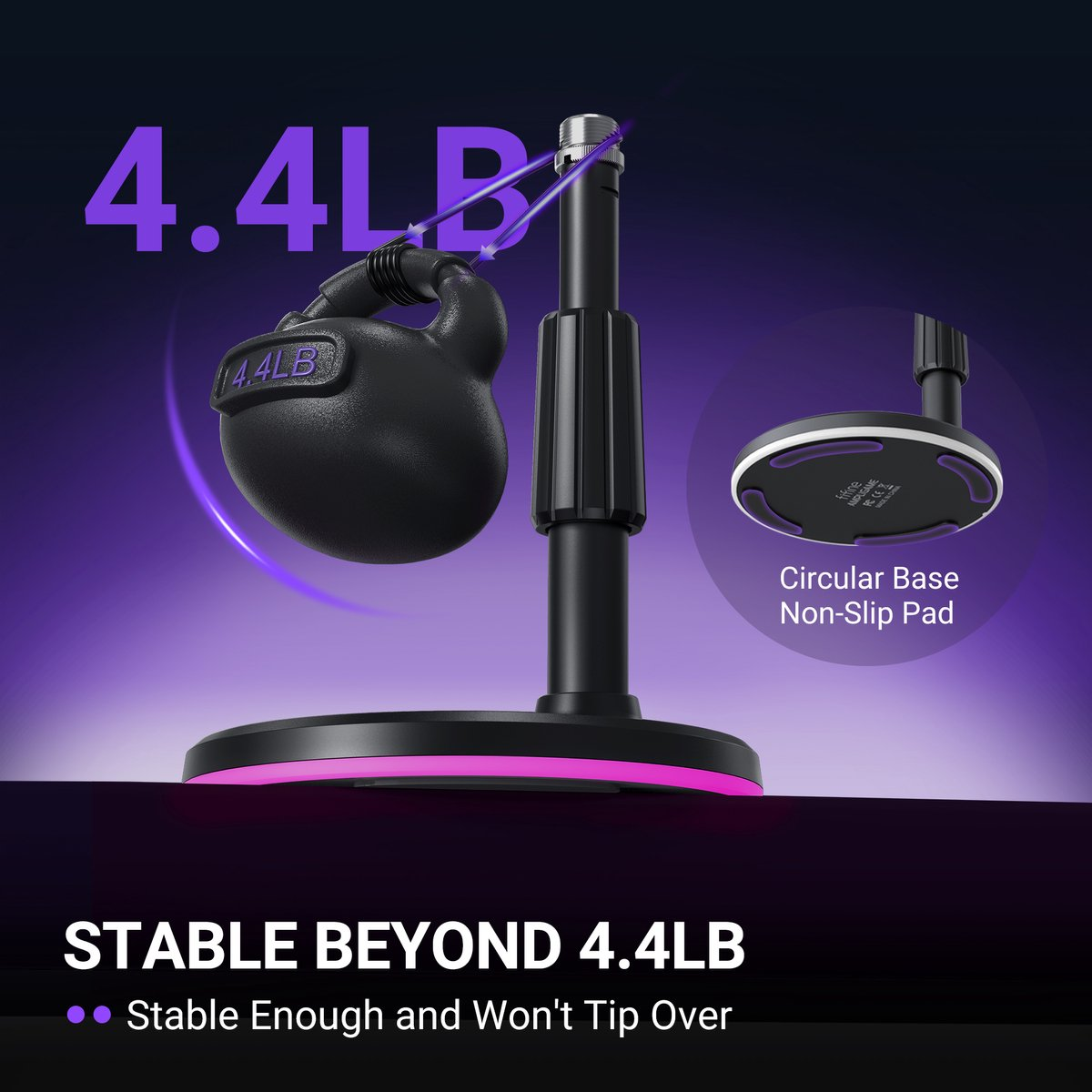 Pied de micro noir tenant un poids de 4,4LB, avec une base circulaire antidérapante.