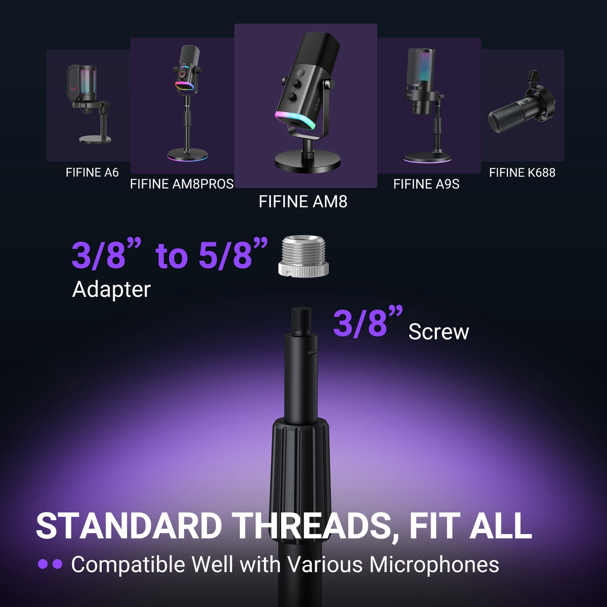 Images de microphones et adaptateur de filetage. Filets standard, s'adapte à tout.