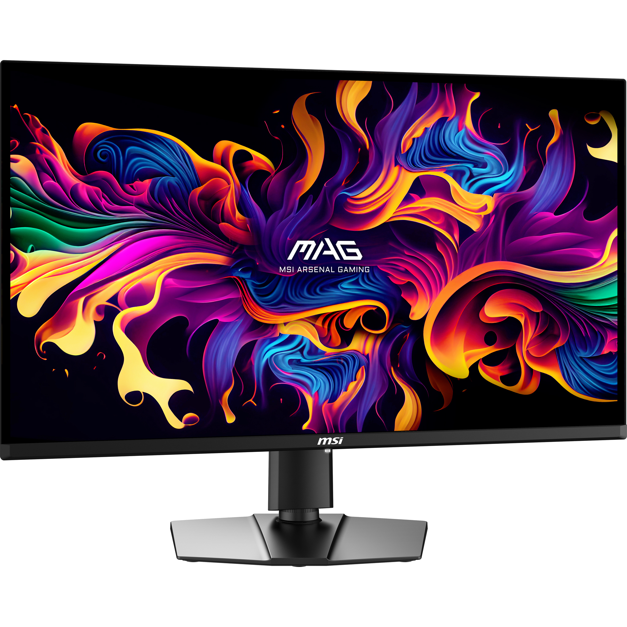 Czarny monitor gamingowy MSI z kolorowym, abstrakcyjnym tłem.