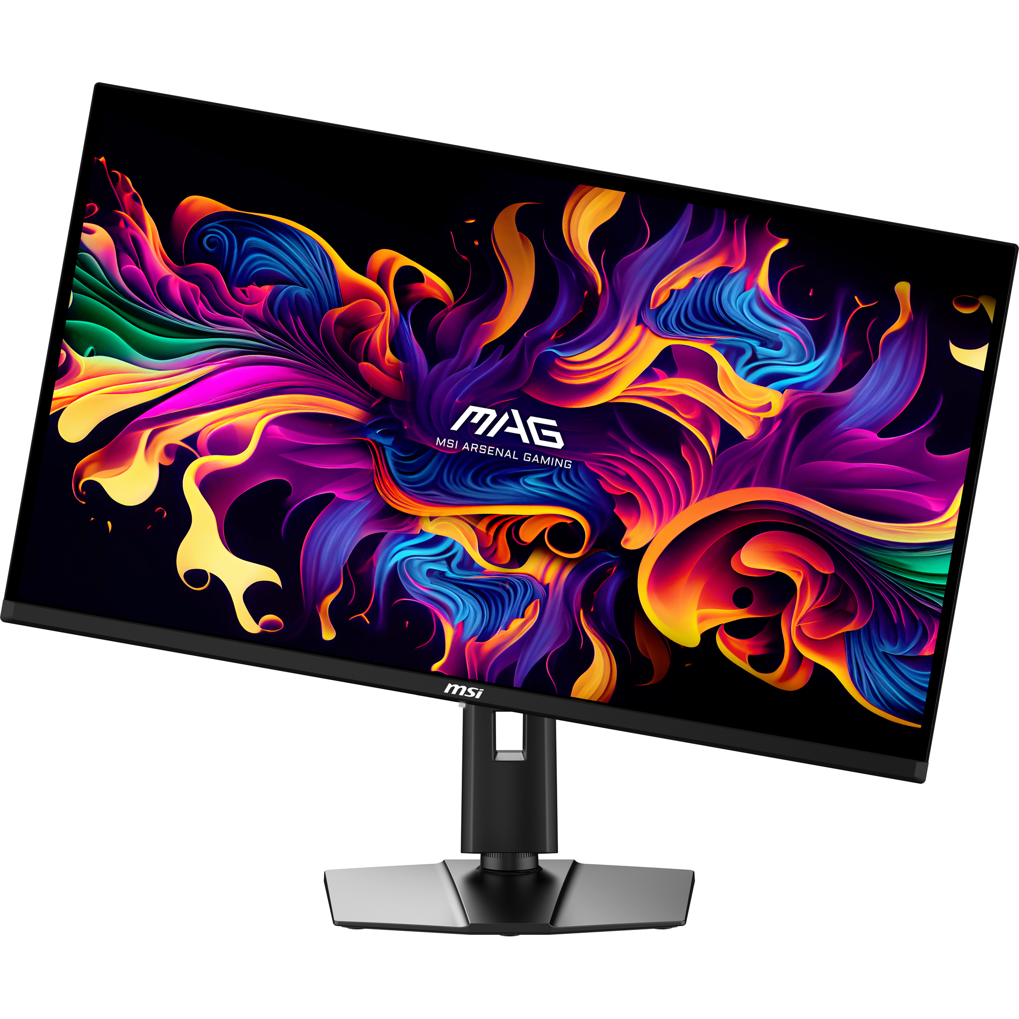 Monitor gamingowy MSI z kolorowym, abstrakcyjnym tłem i logo MSI.