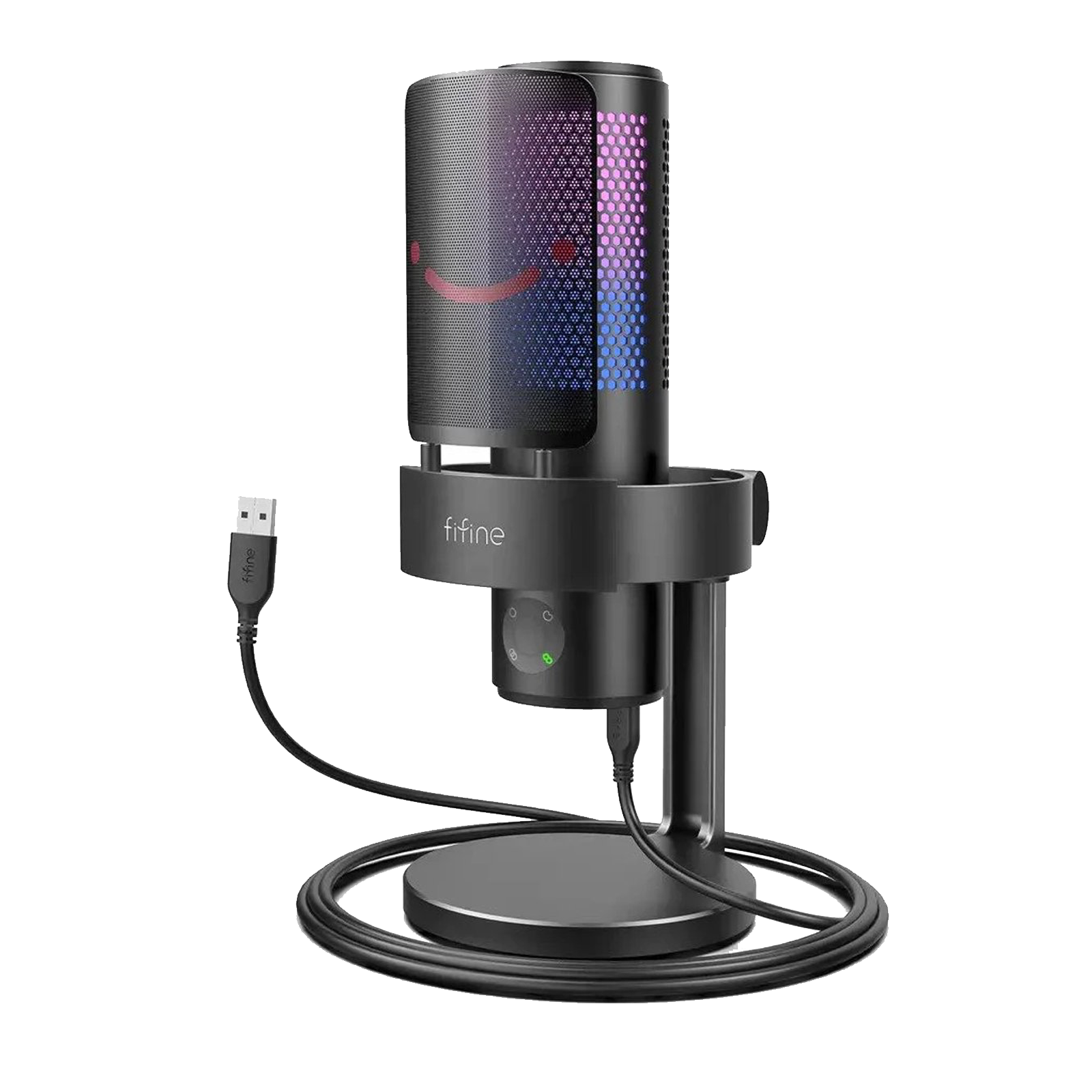 Zwarte microfoon met USB-kabel en LED-verlichting die een gezicht toont.