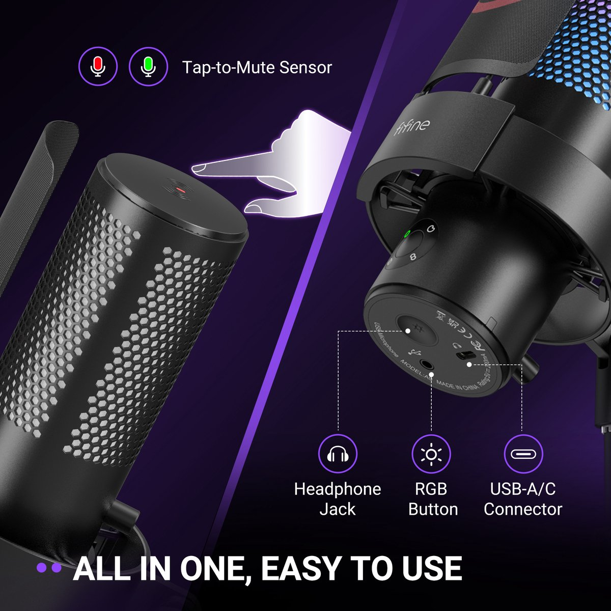 Microfoon met tik-om-te-dempen, koptelefoonaansluiting, RGB en USB-C.