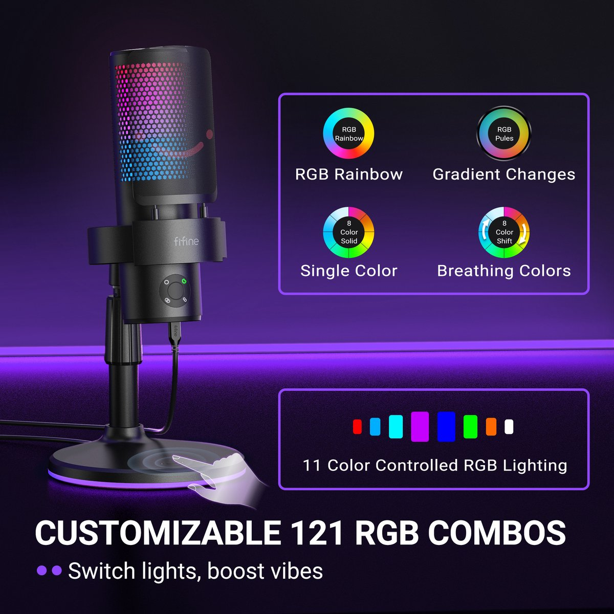 Zwarte microfoon met aanpasbare RGB-verlichting en opties voor regenboog-, gradiënt-, effen en ademende kleuren.