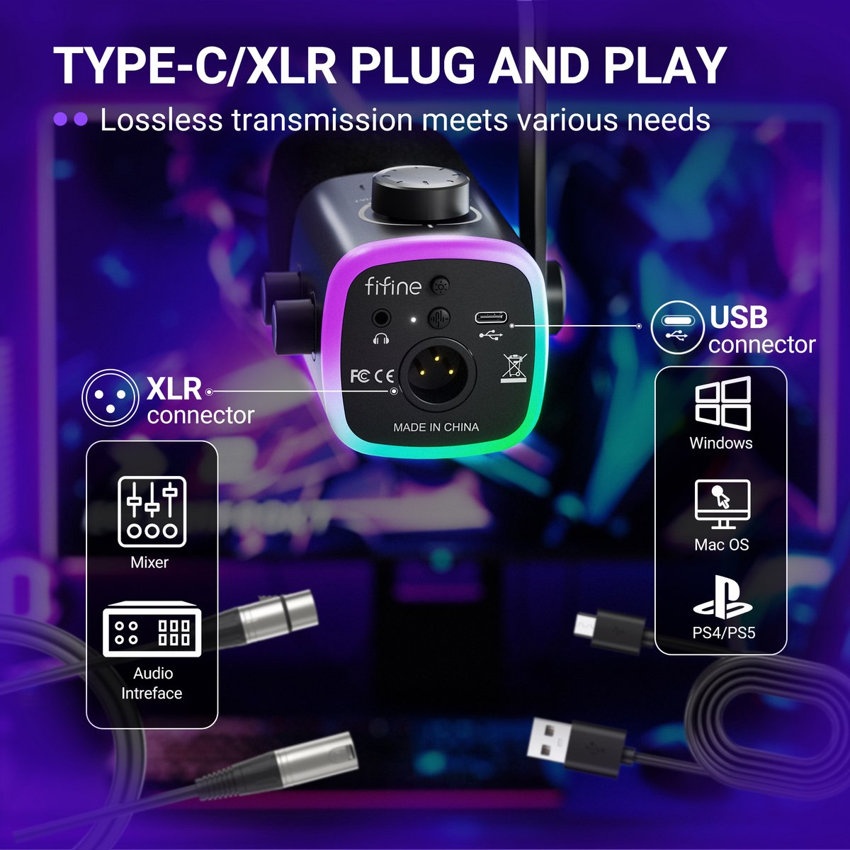Un microphone avec connecteurs XLR et USB, compatible avec Windows, Mac et PS4/PS5.
