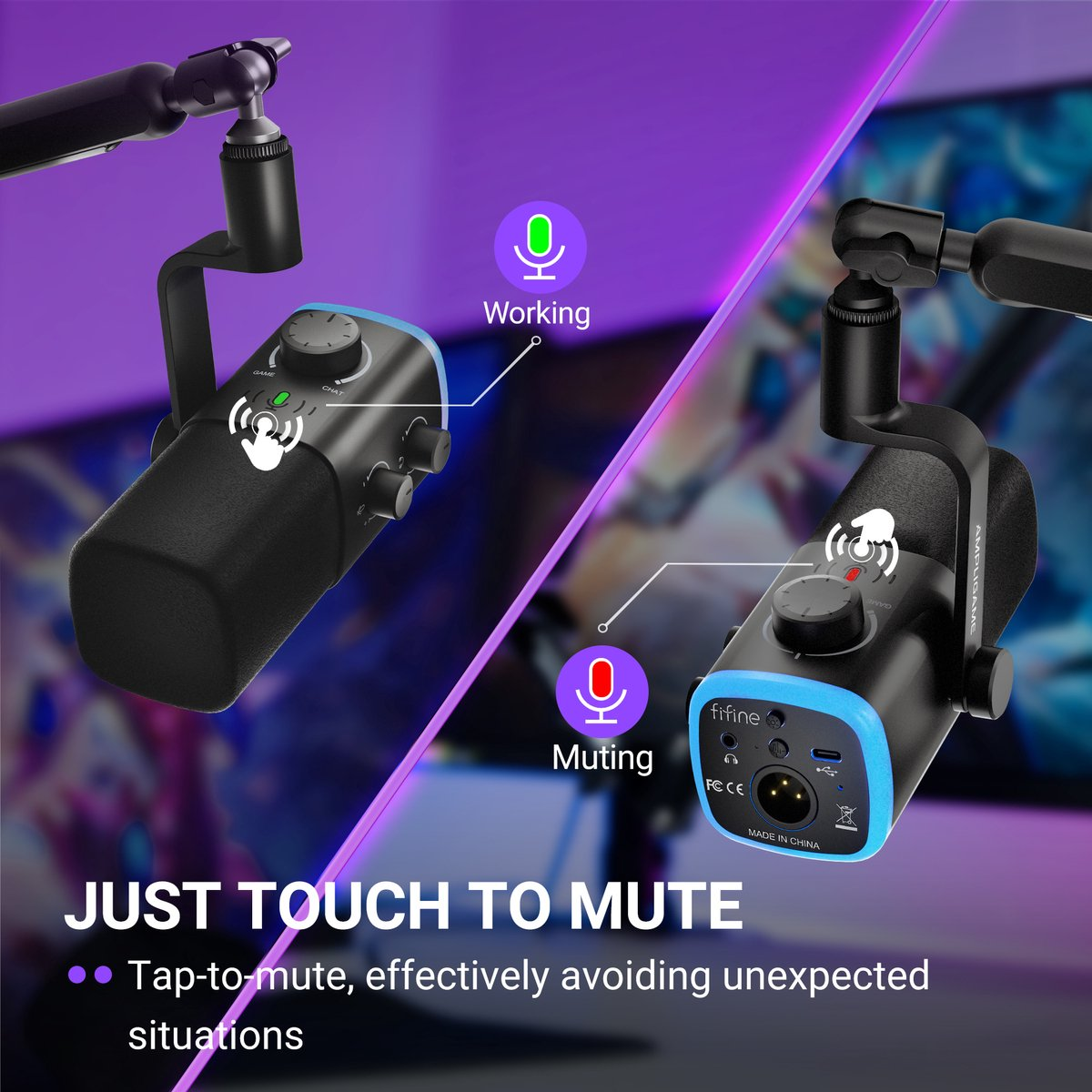 Deux microphones sur bras, un actif, un muet. Fonction tactile pour couper le son.