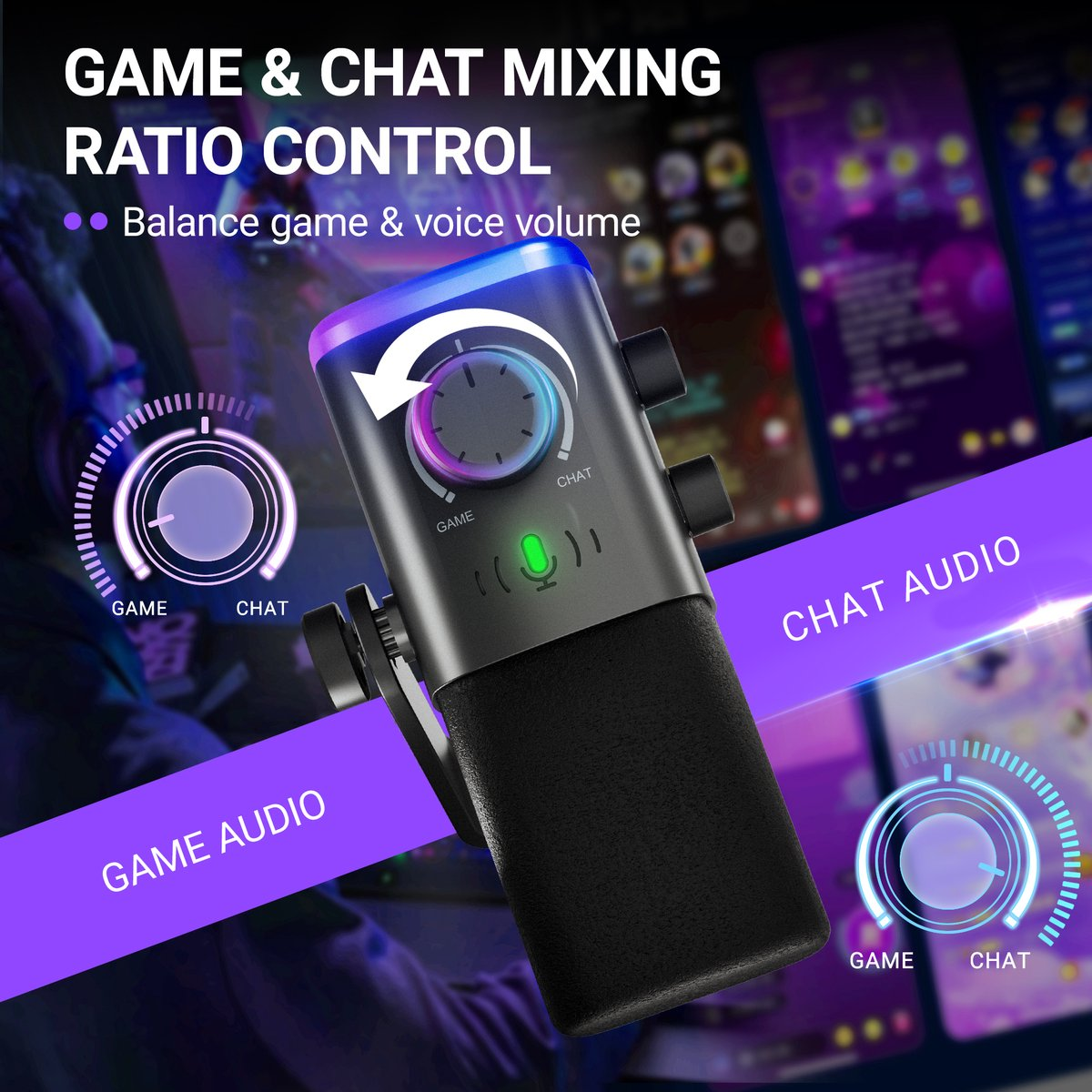 Microphone avec contrôles audio jeu et chat, éclairé par RVB.