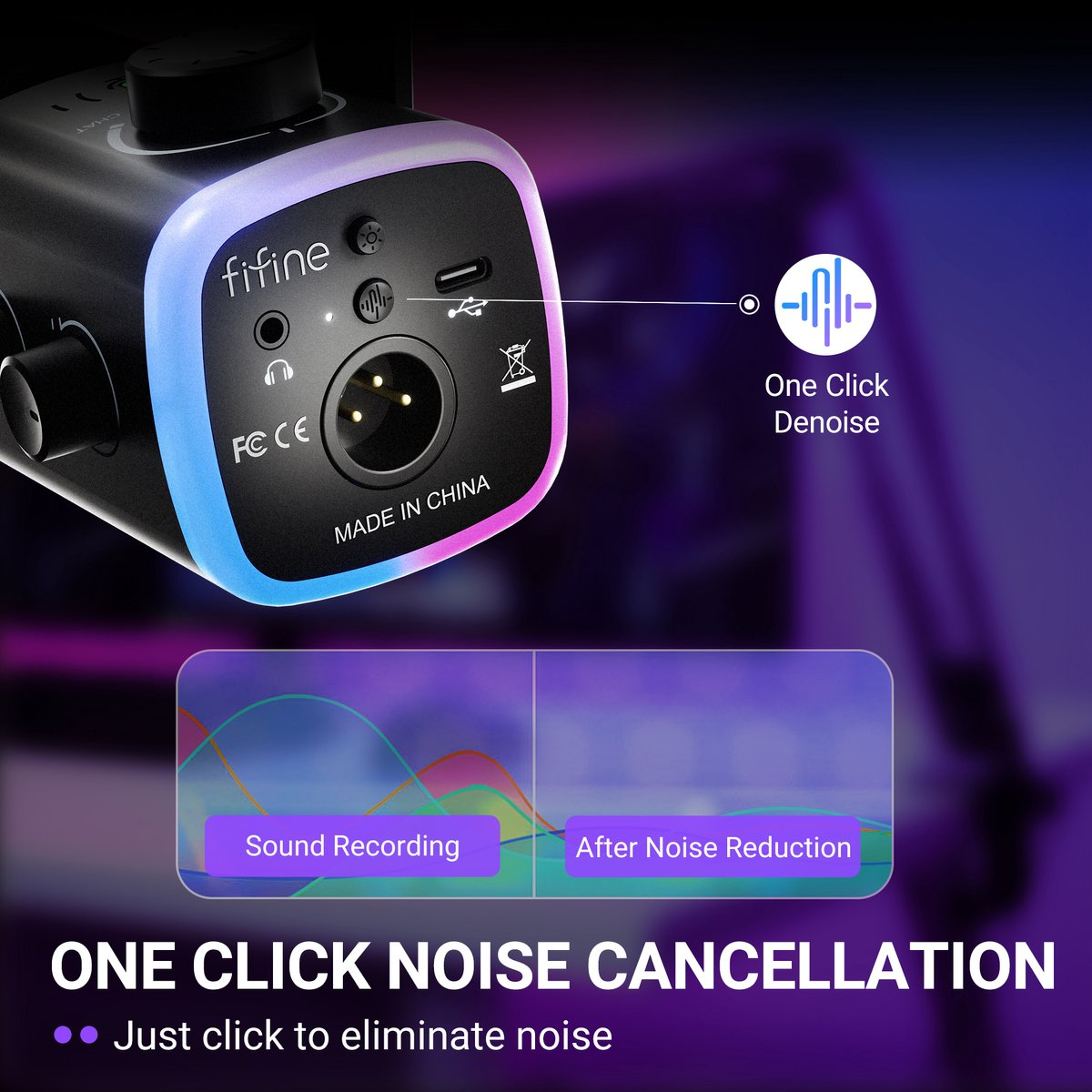 Un appareil audio Fifine avec éclairage LED et ports. Montre une fonction de réduction du bruit.