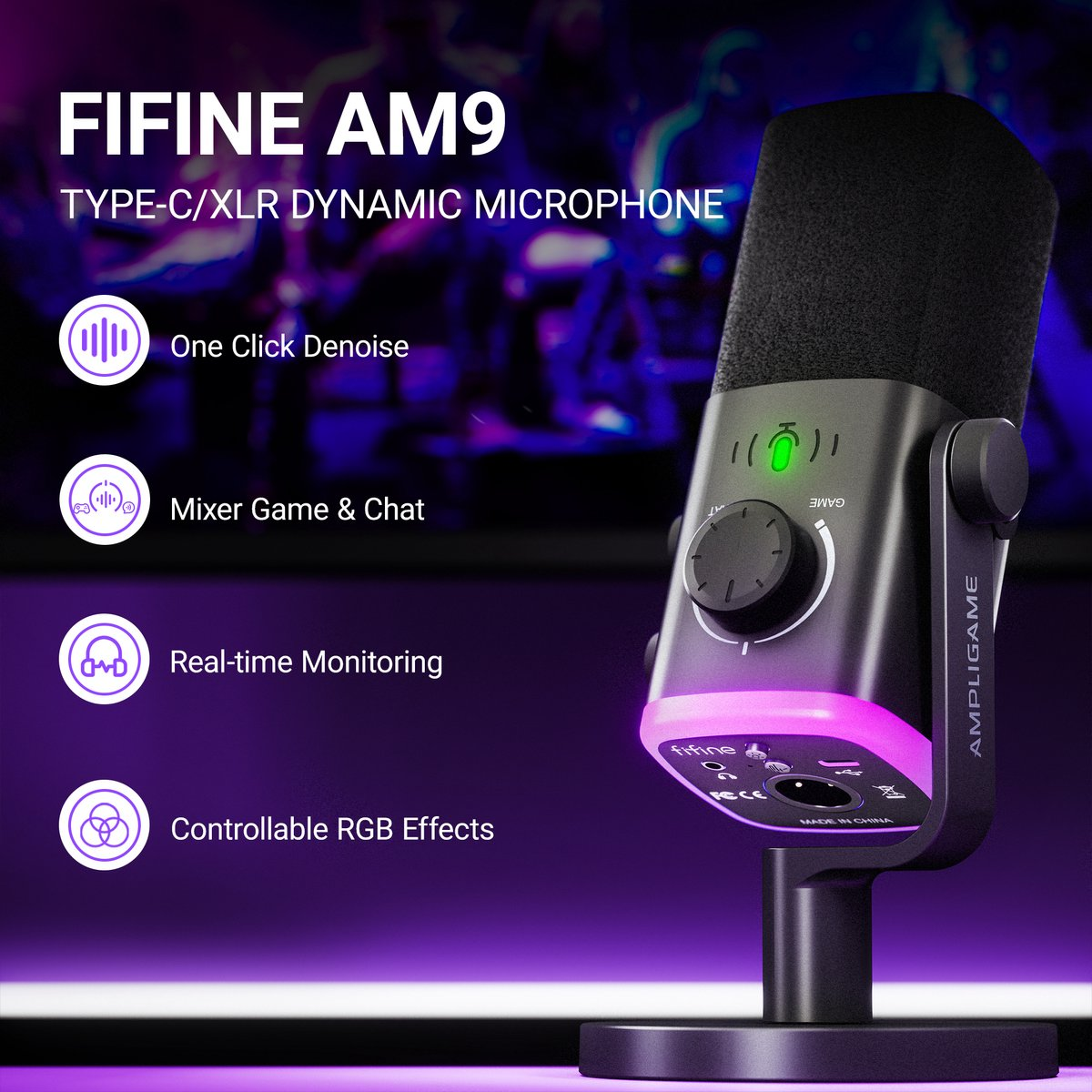 Microphone Fifine AM9 avec éclairage RVB et commandes.