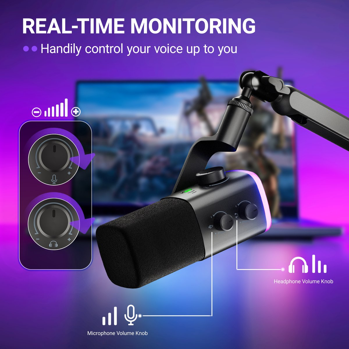 Un microphone noir avec des commandes de volume et de casque sur fond violet.