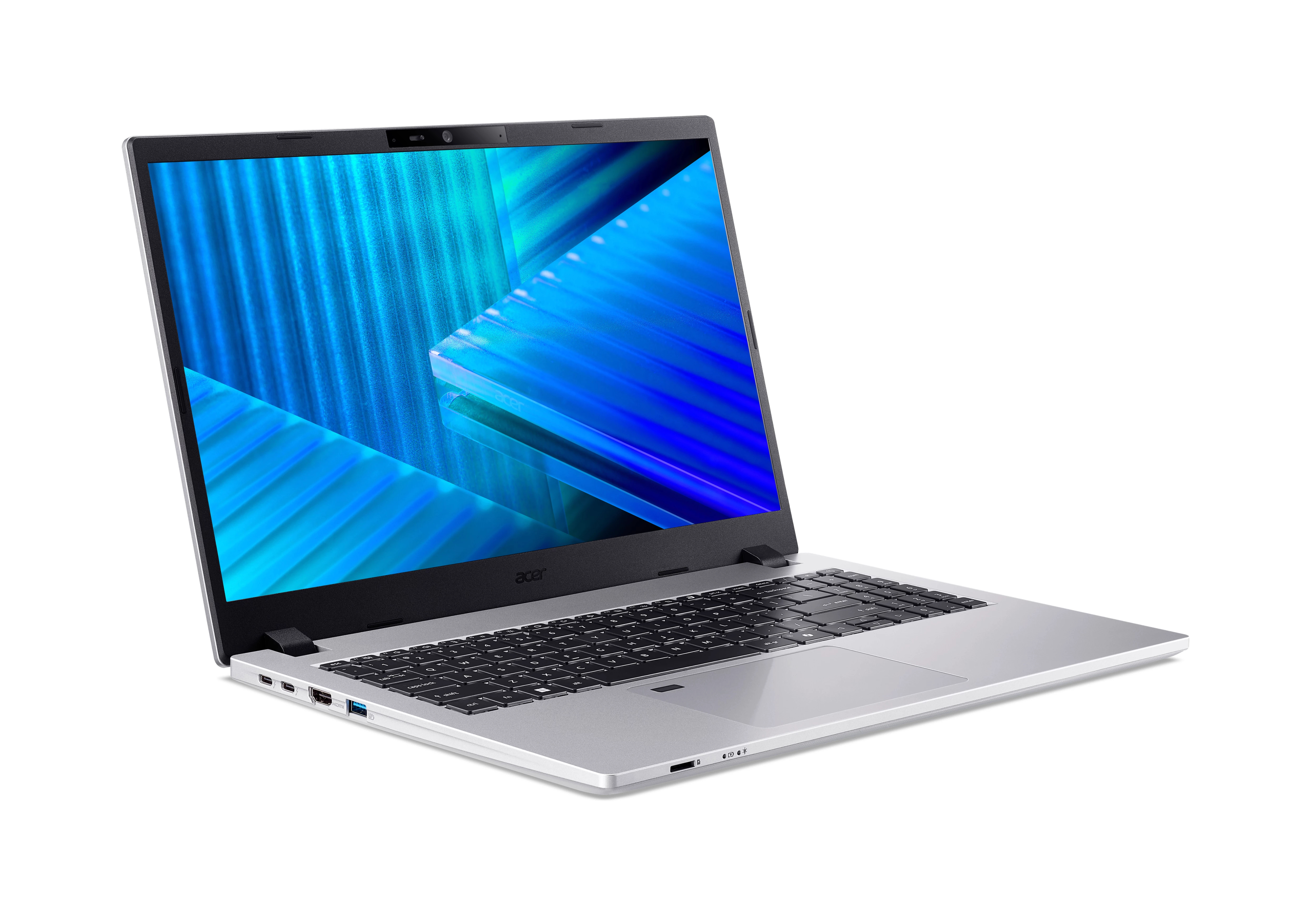 Un laptop argentato aperto con uno sfondo astratto blu sullo schermo.