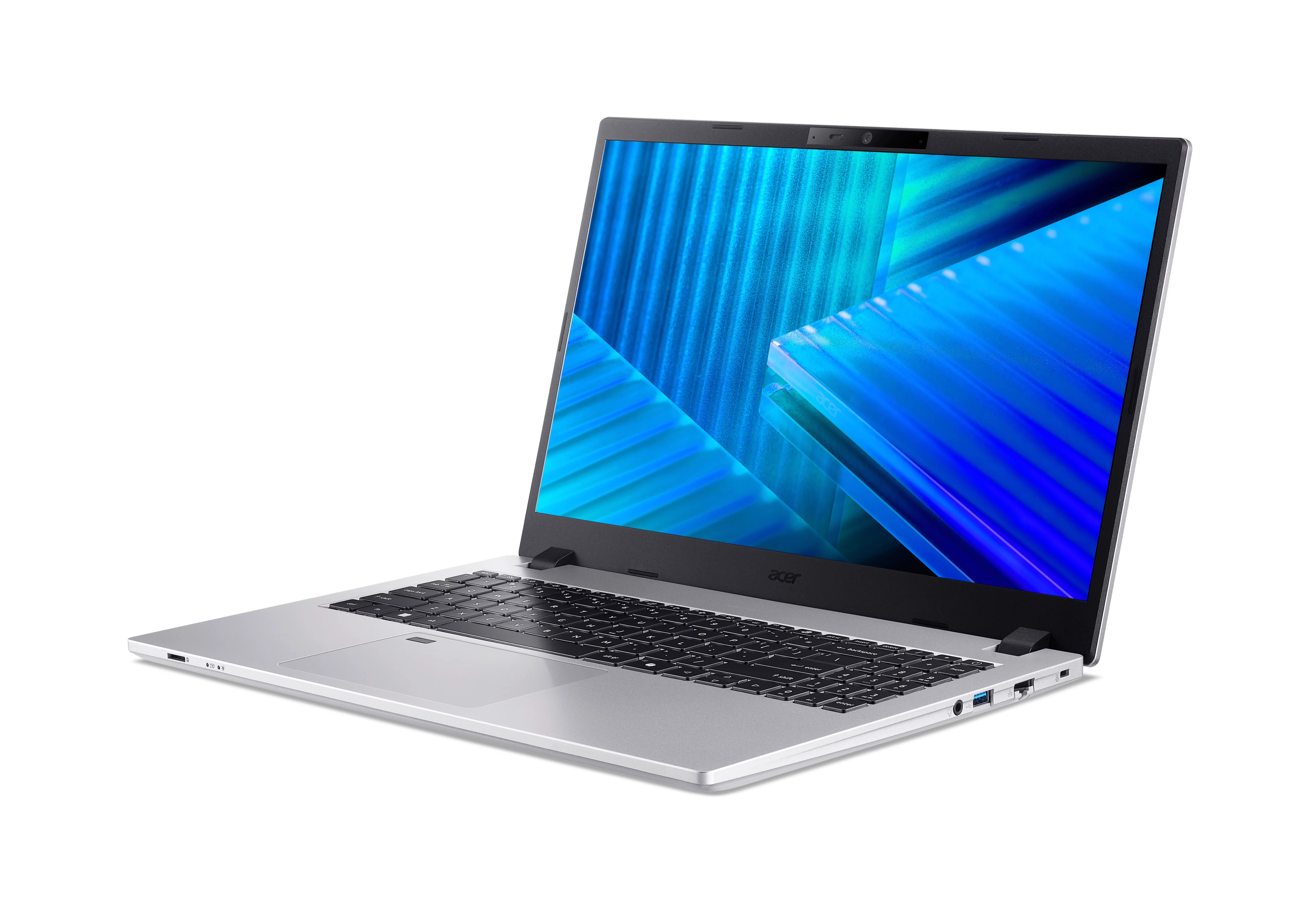 Un laptop argento con schermo aperto, che mostra un motivo blu.