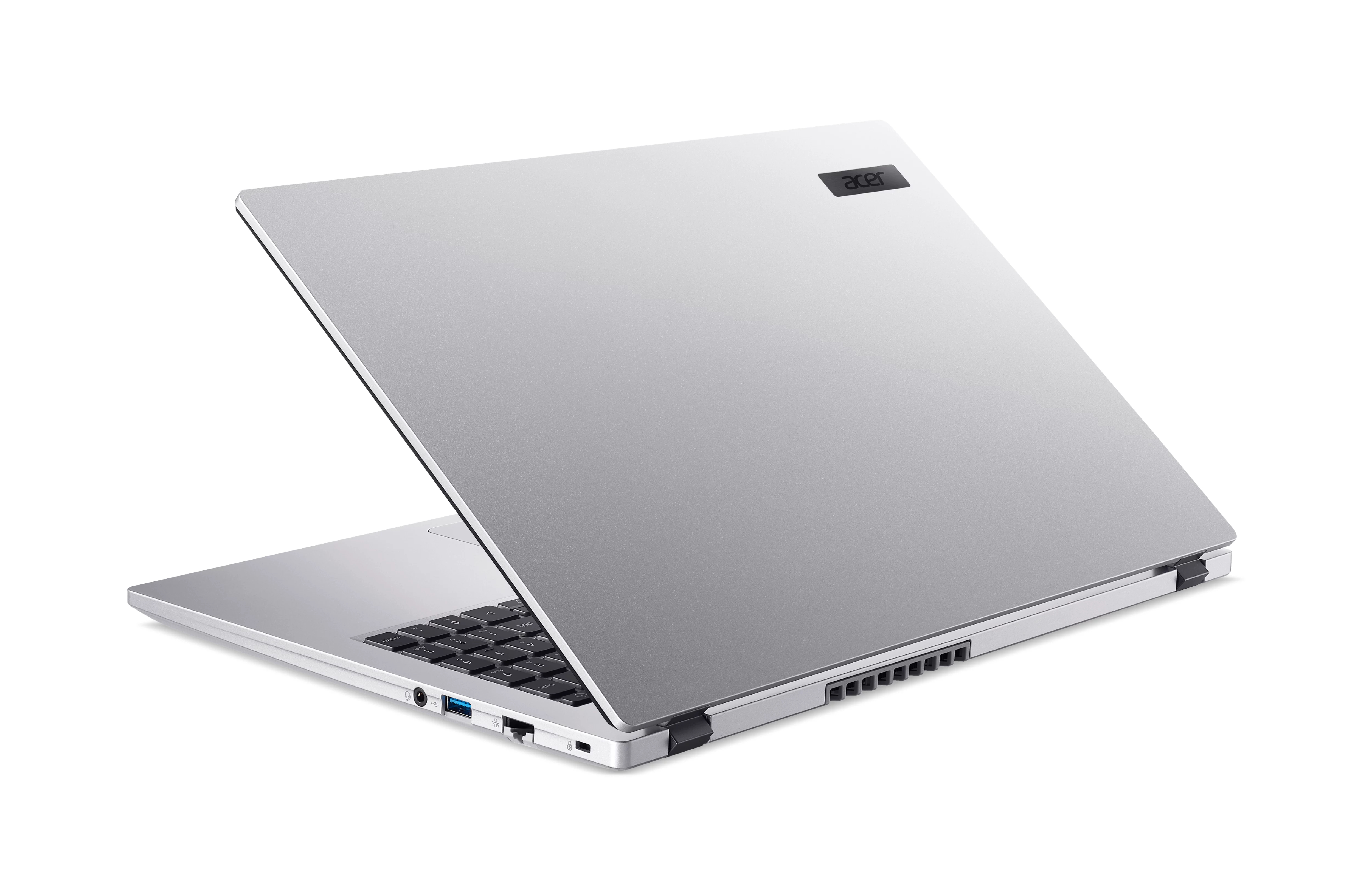 Un laptop Acer argentato è aperto, mostrando tastiera e porte.
