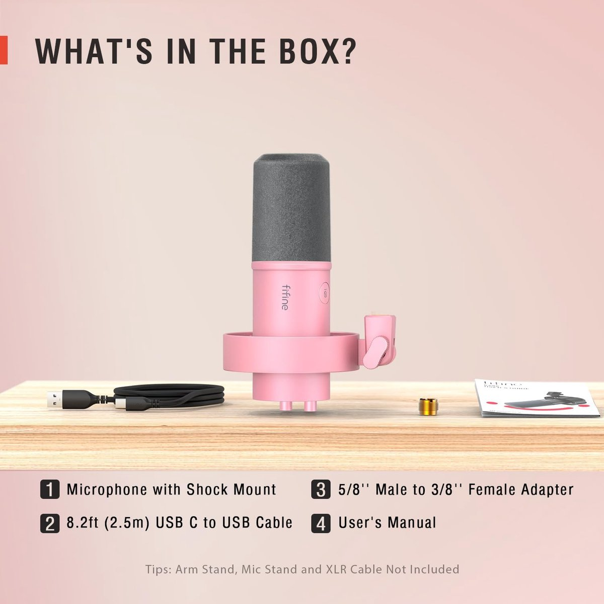 Microphone rose, câble USB, adaptateur, manuel dans la boîte. Contenu de la boîte ?