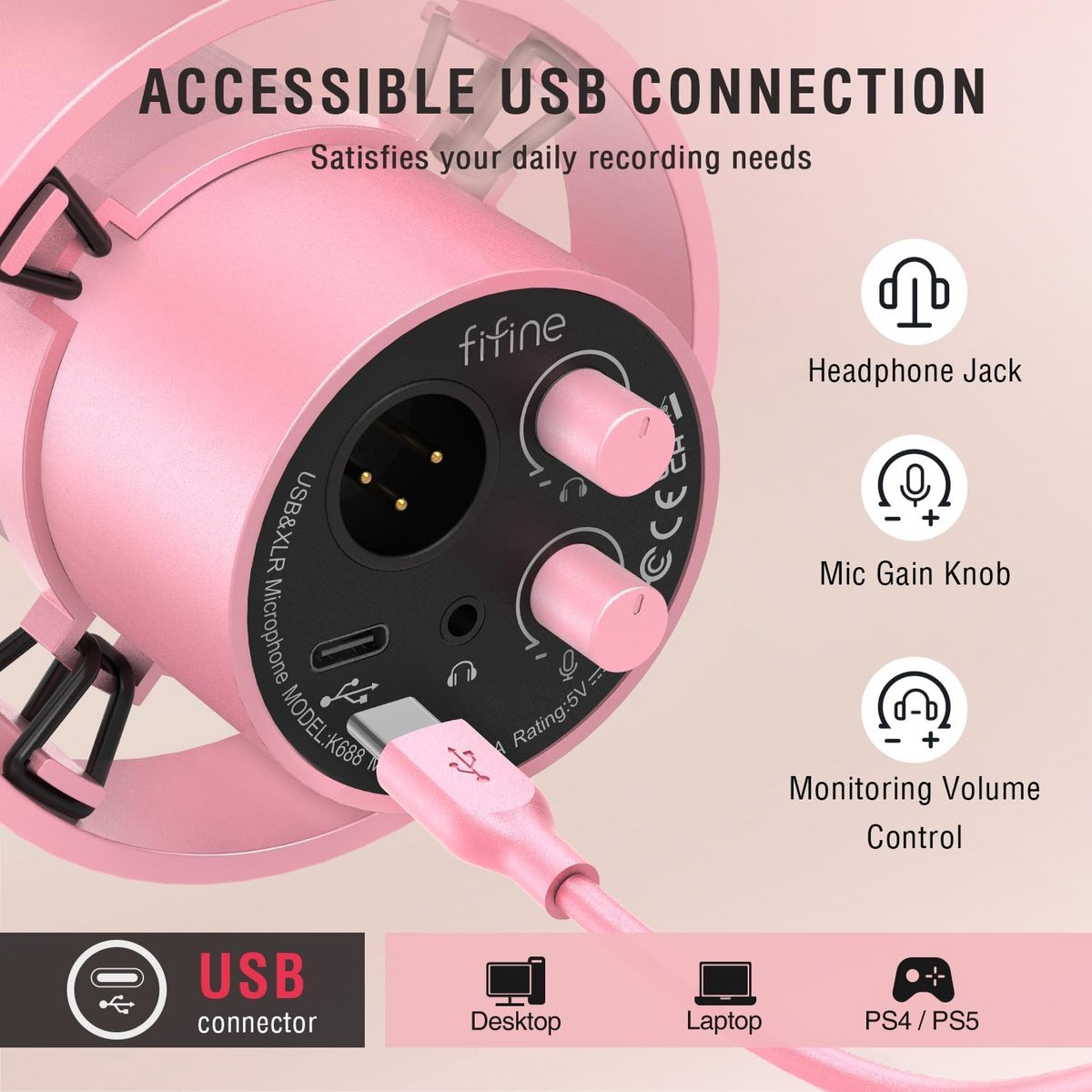 Microphone rose avec USB-C, boutons, prise casque, gain micro et contrôles de volume.