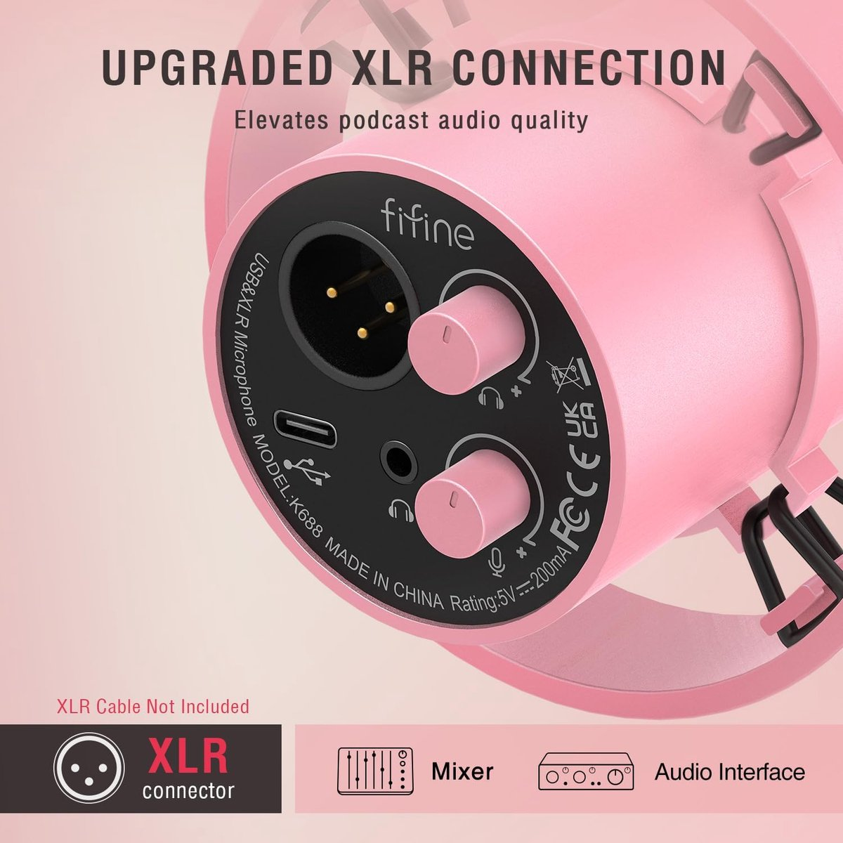 Gros plan d'un microphone Fifine rose montrant XLR, USB et commandes.