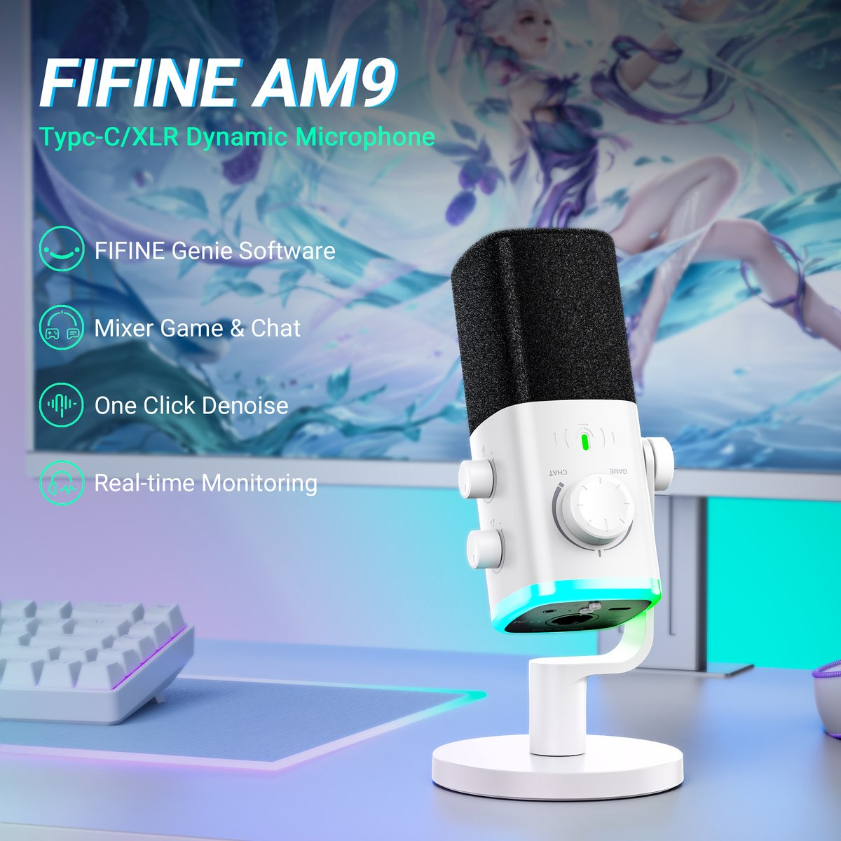 Un microphone blanc avec mousse noire sur un support est posé sur un bureau.