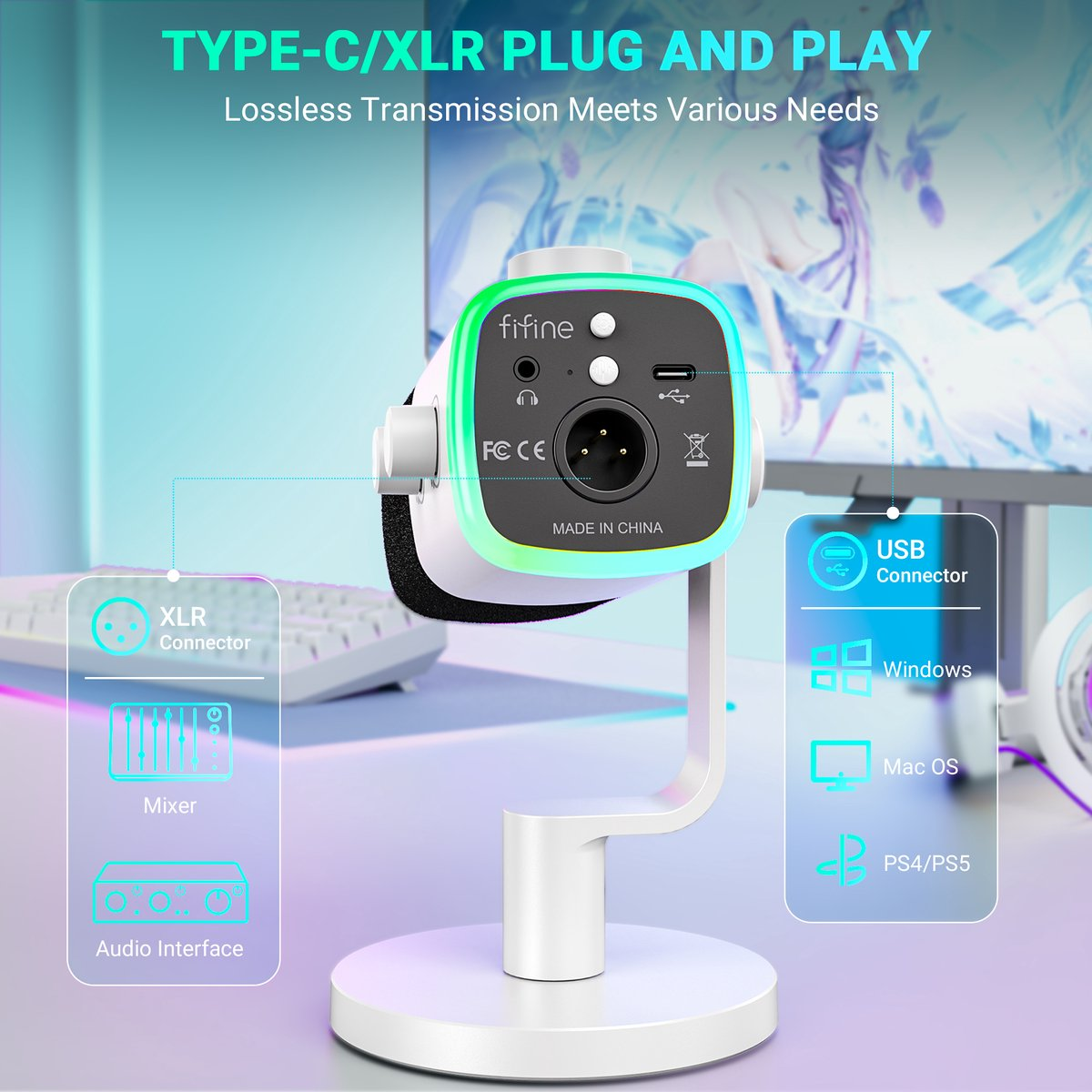 Un microphone Fifine avec connexions XLR et USB, compatible avec Windows, Mac, PS4/PS5.