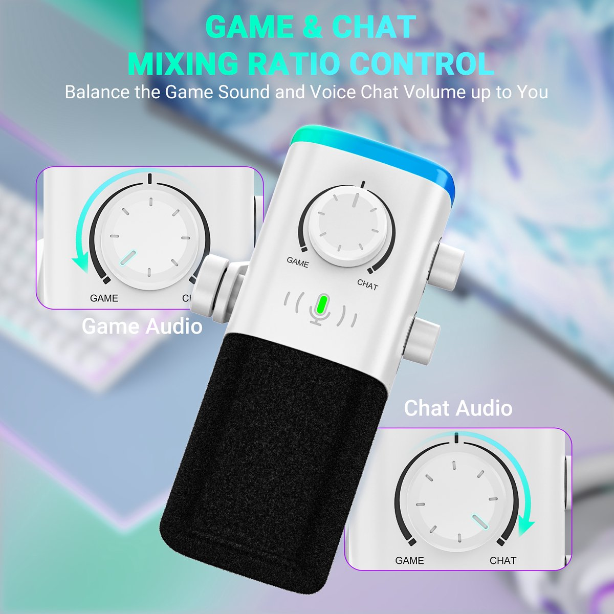 Un microphone blanc avec des accents noirs et des molettes pour contrler l'audio du jeu et du chat.