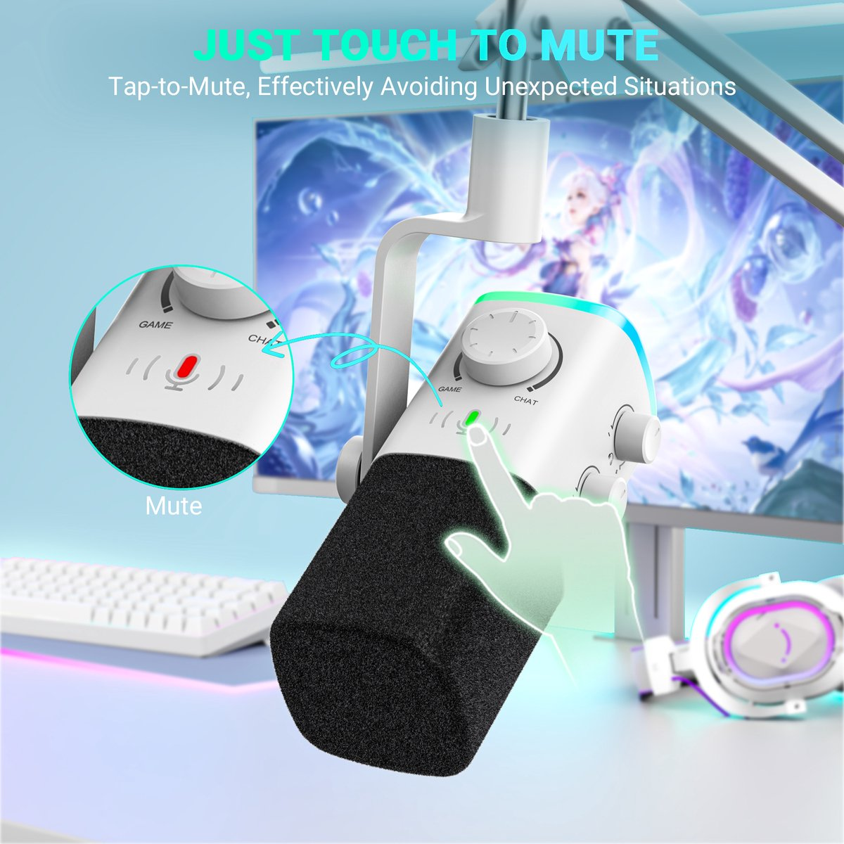 Un microphone blanc avec pare-brise noir et fonction tactile mute.