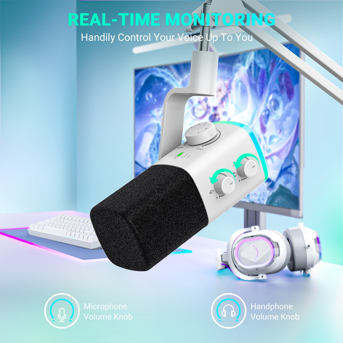 Un microphone de studio avec des boutons, un casque et un clavier.