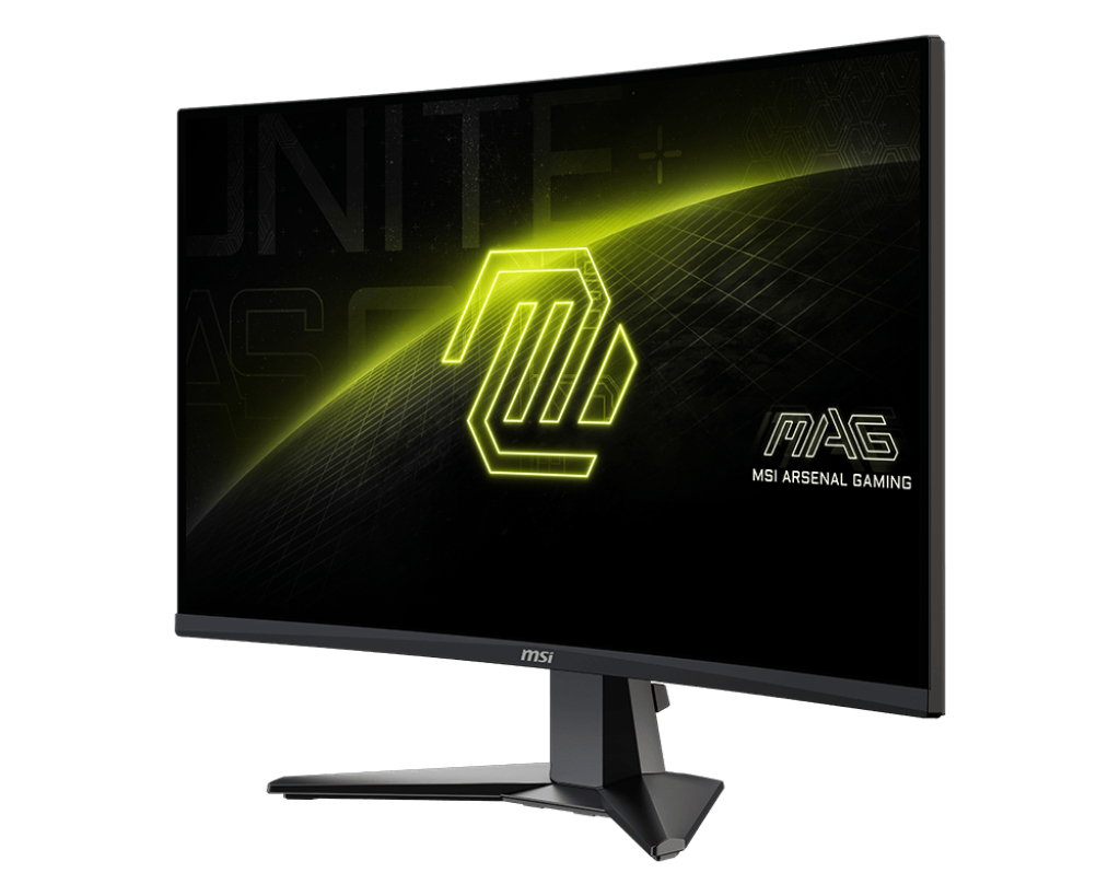 Zakrzywiony monitor gamingowy z żółtym logo i napisem MSI na czarnym tle.