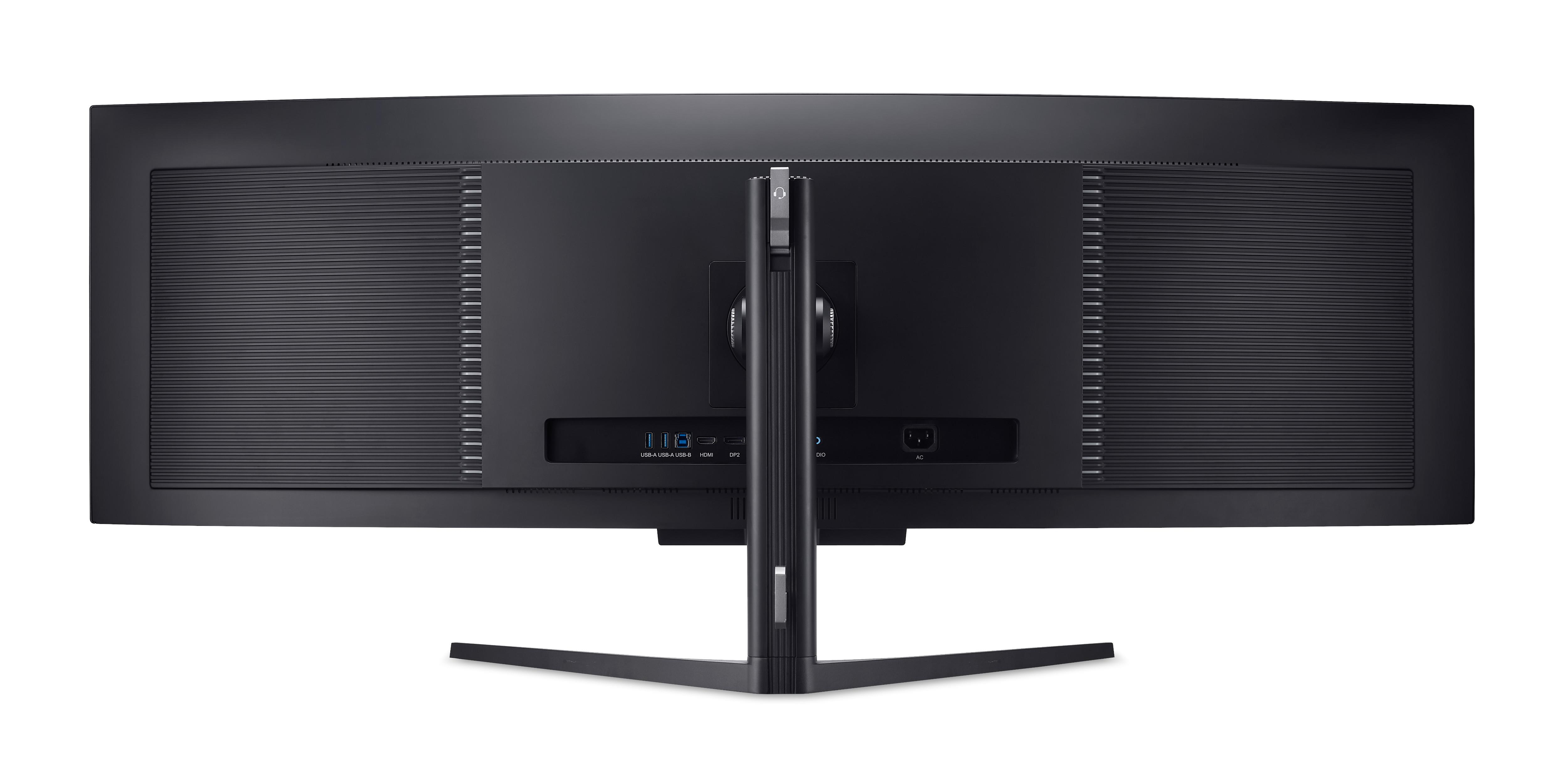 Rückseite eines schwarzen Monitors mit Anschlüssen: USB, HDMI, DP, AC.