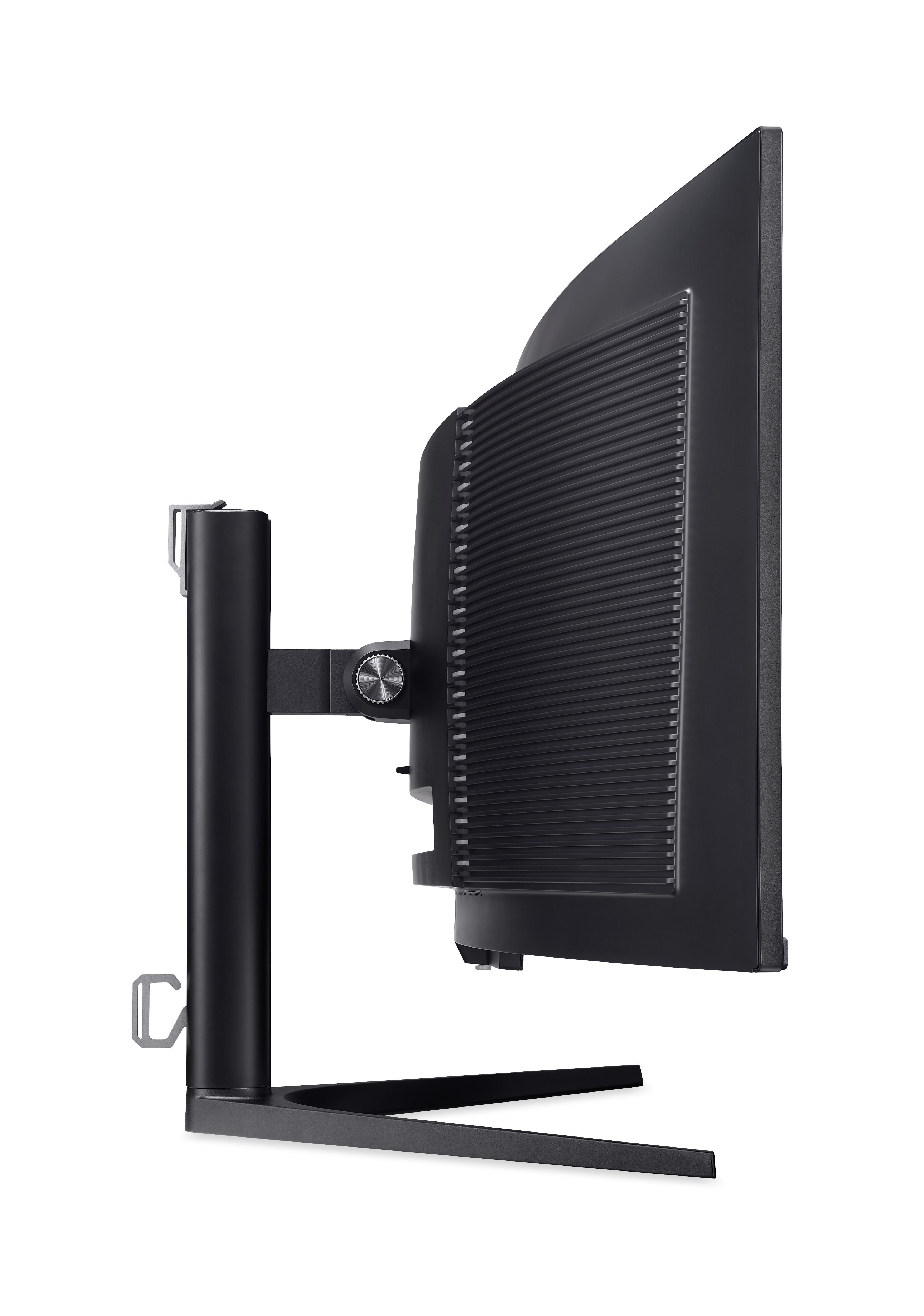 Seitenansicht eines schwarzen Monitors mit geriffeltem Gehäuse und verstellbarem Ständer.