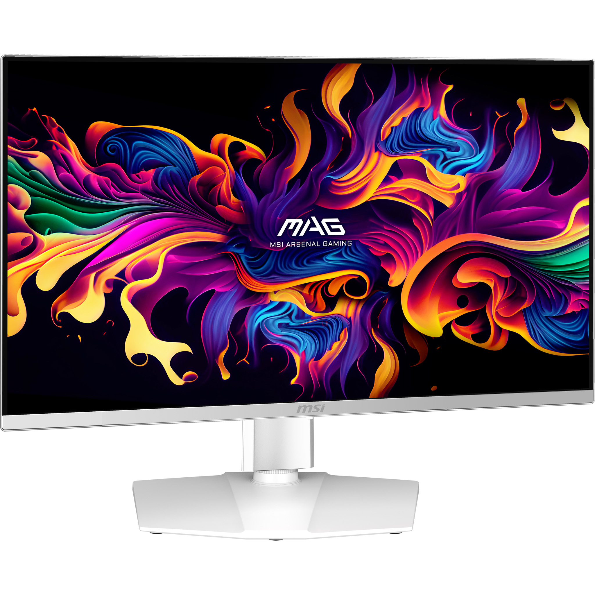 Biały monitor z kolorową, abstrakcyjną tapetą i logo MSI.