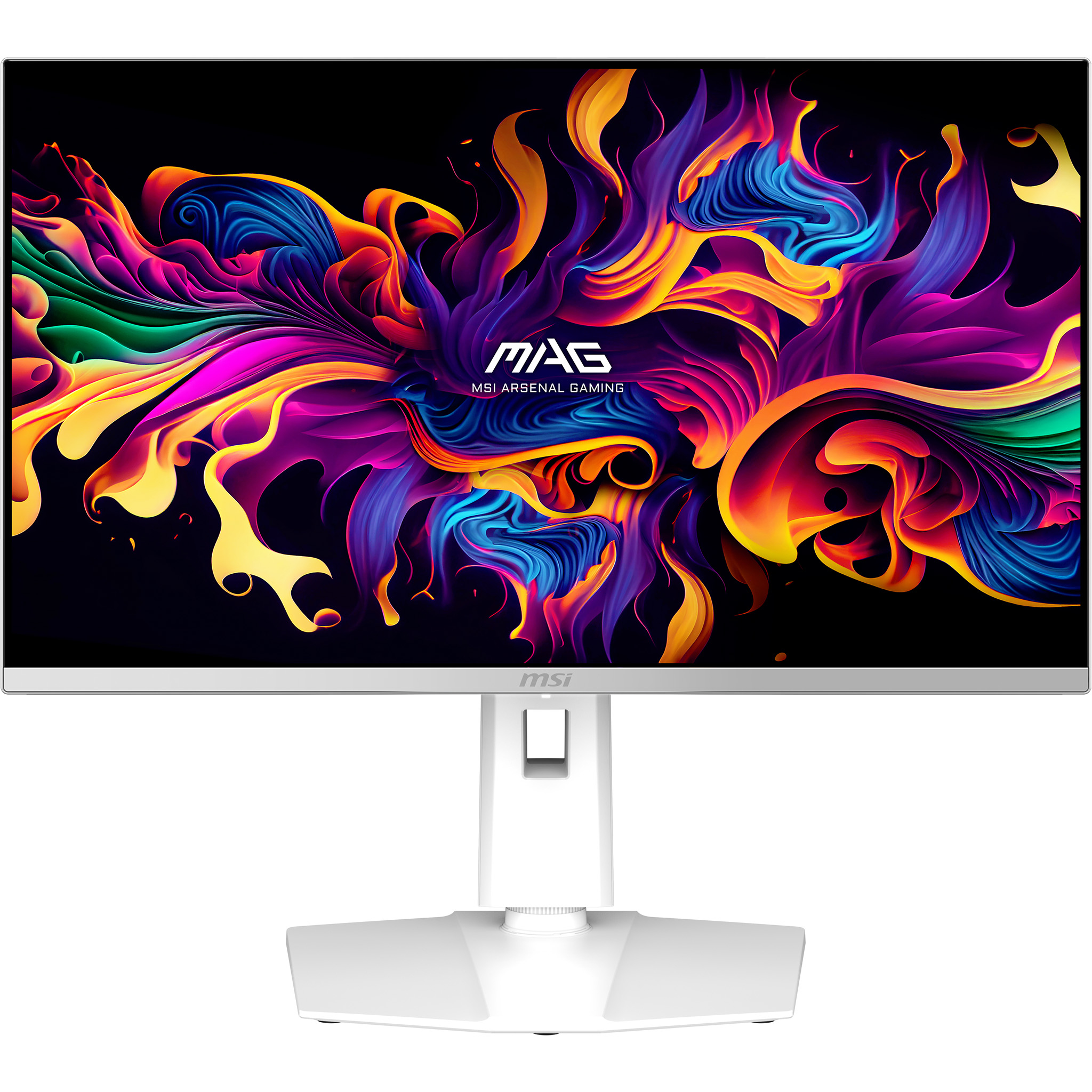 Biały monitor MSI z kolorowym, abstrakcyjnym tłem.