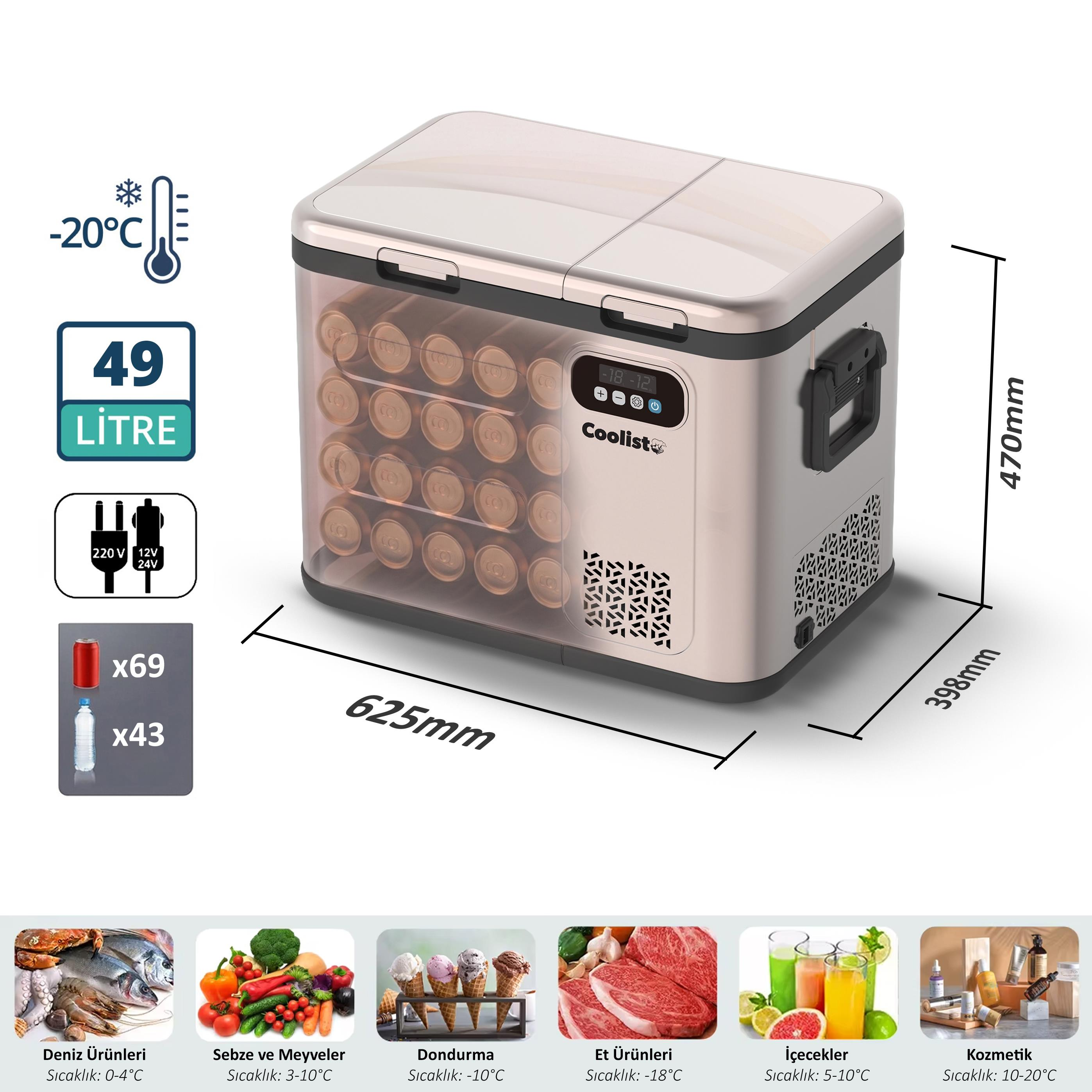 49L soğutucu, 62.5x39.8x47cm, -20°C'ye kadar soğutur. 69 kutu ve 43 şişe gösterir.