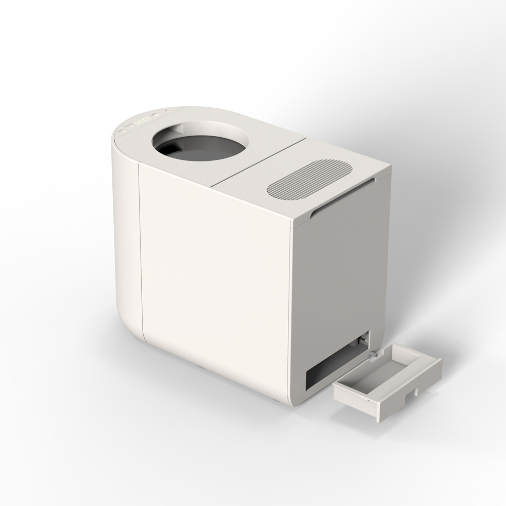 Un compostatore bianco con scomparto superiore rotondo e cassetto esteso.