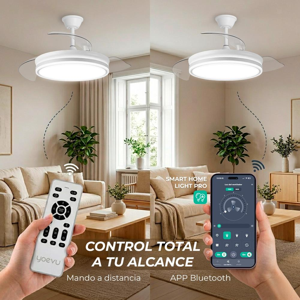 Sala de estar con ventilador de techo con luz, control remoto y control de app.