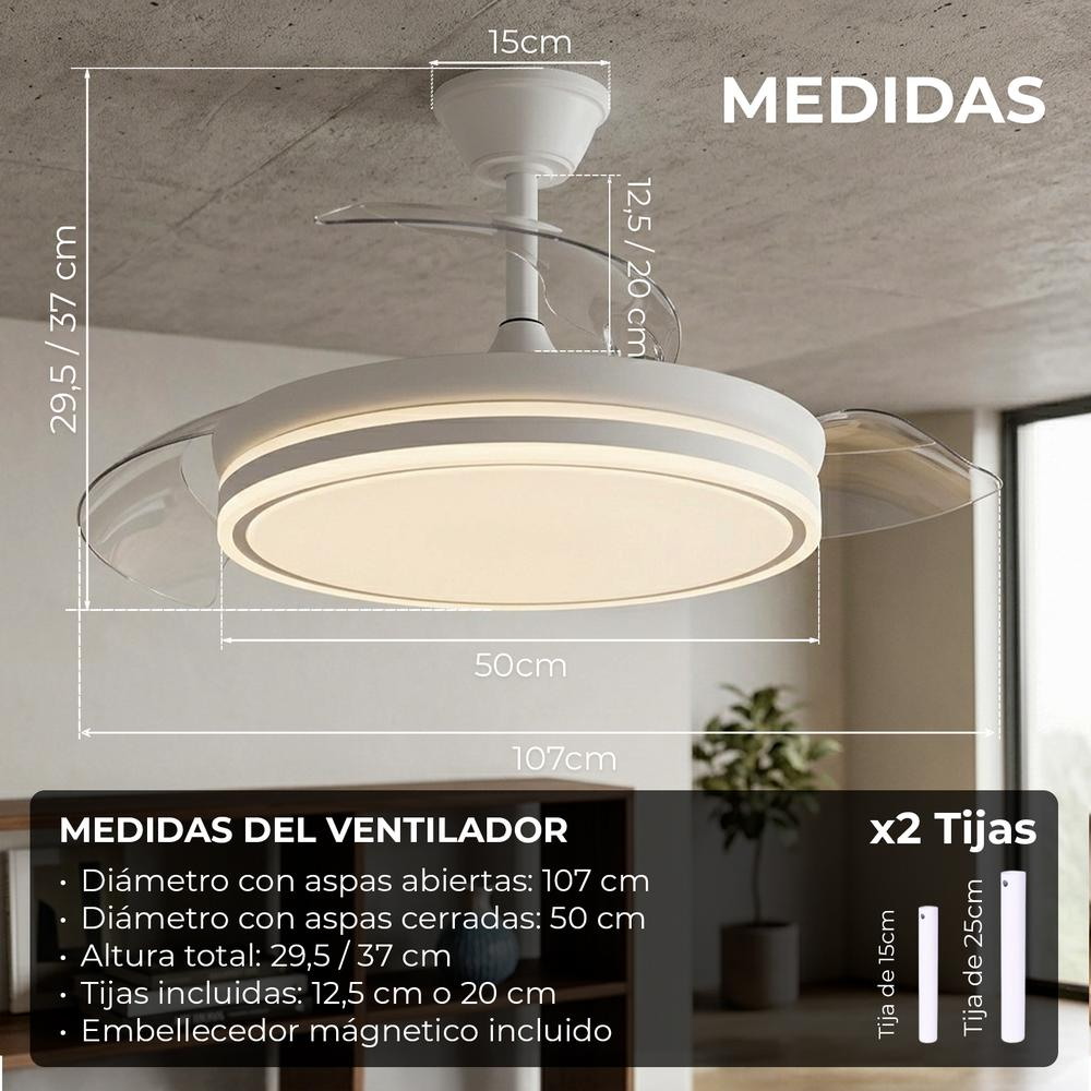 Lámpara ventilador de techo blanca: 107cm Ø abierta, 50cm Ø cerrada, 29,5/37cm H.