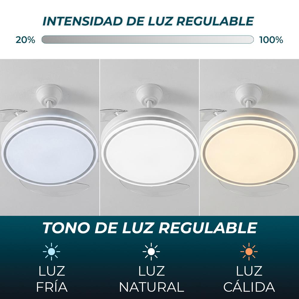Ventilador de techo con tres modos de luz: fría, natural y cálida.