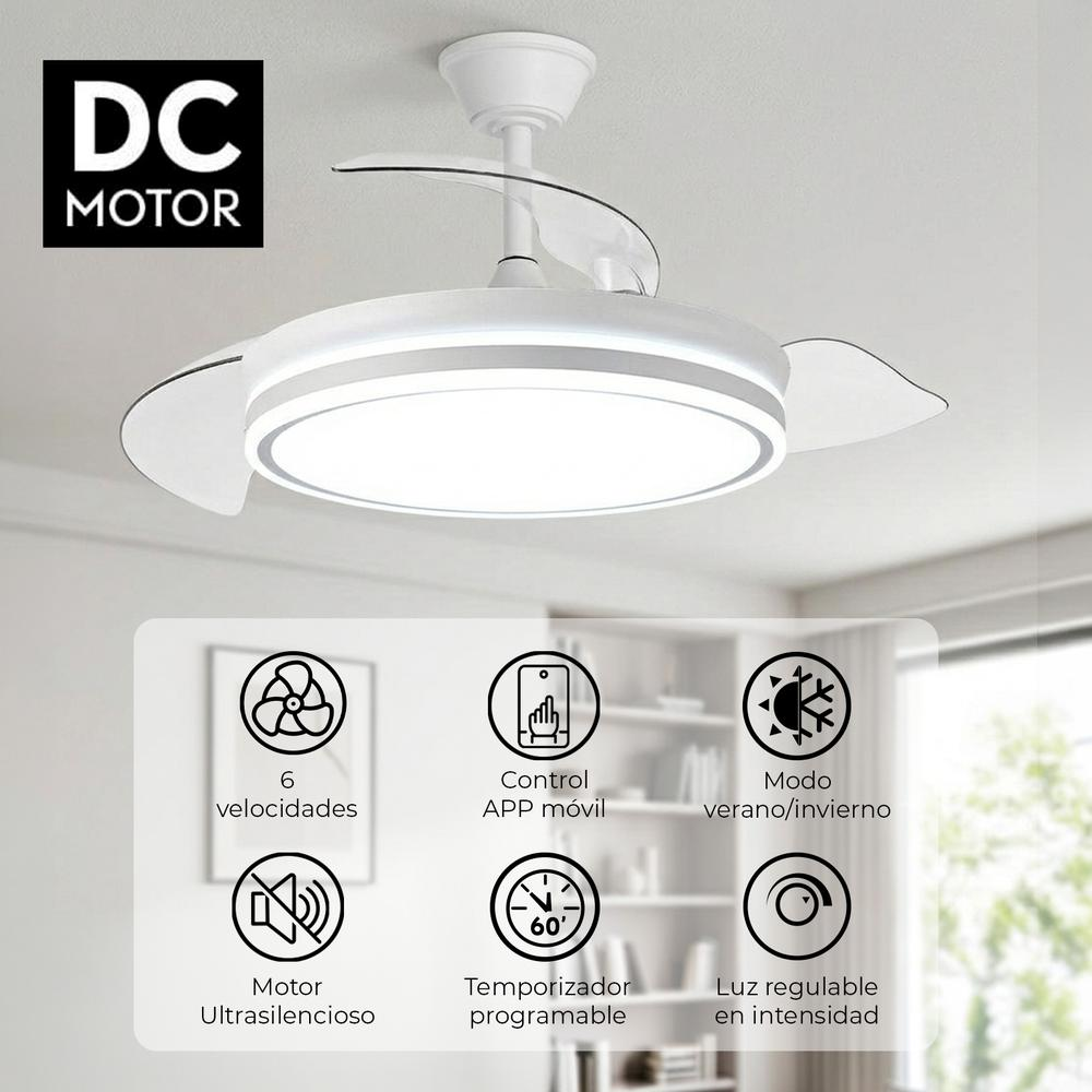 Un ventilador de techo blanco con luz, con iconos de motor DC.